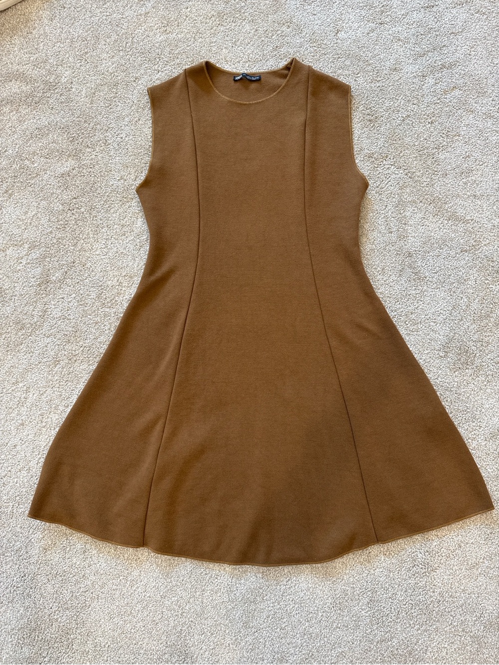 Zara Brown Sleeveless Fit & Flare Sweater Dress L Minimalist Stretch Knit